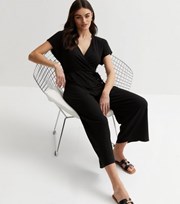 New Look Black Ribbed Jersey Belted Wrap Jumpsuit